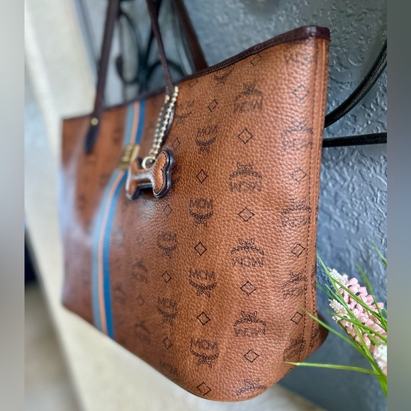MCM Visetos Dog Bone Striped Shopper Tote Bag Cognac Brown & Blue - Picture 6 of 16